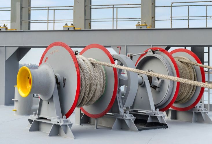 Mooring winch and lines on vessel deck
